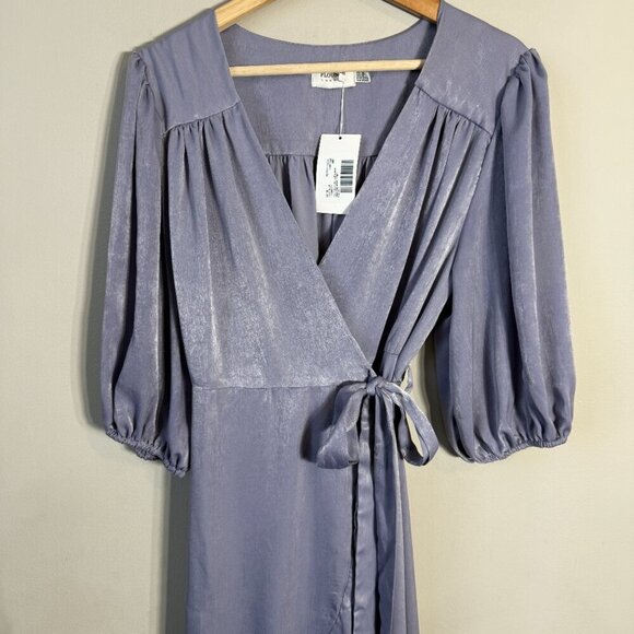 Flounce London Maternity Satin Puff Sleeve Wrap Maxi Dress Women's 12 Purple NWT - Picture 7 of 16